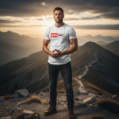 Model wearing Sin Inc. Urban T-shirt brand against a dramatic mountain backdrop at sunset.