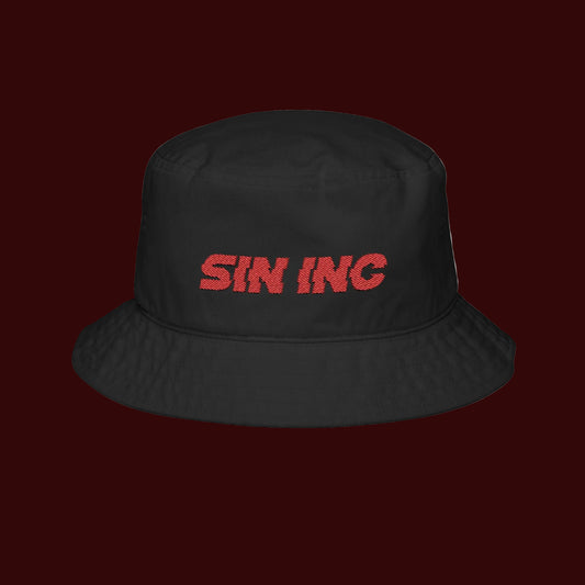 Sin Inc Embroidered Bucket Hat — Streetwear Black Hat with Red Stitching