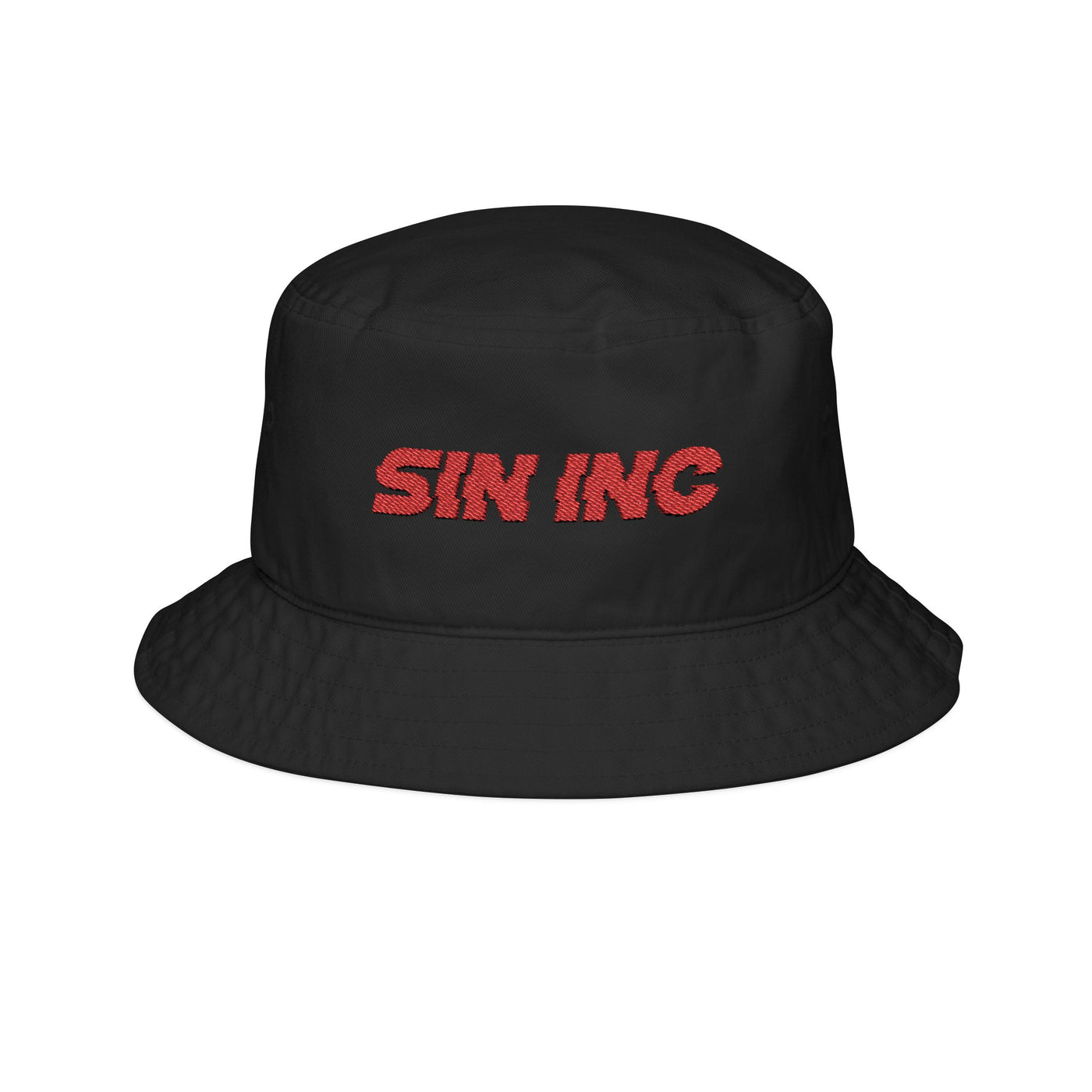 Sin Inc Embroidered Bucket Hat — Streetwear Black Hat with Red Stitching