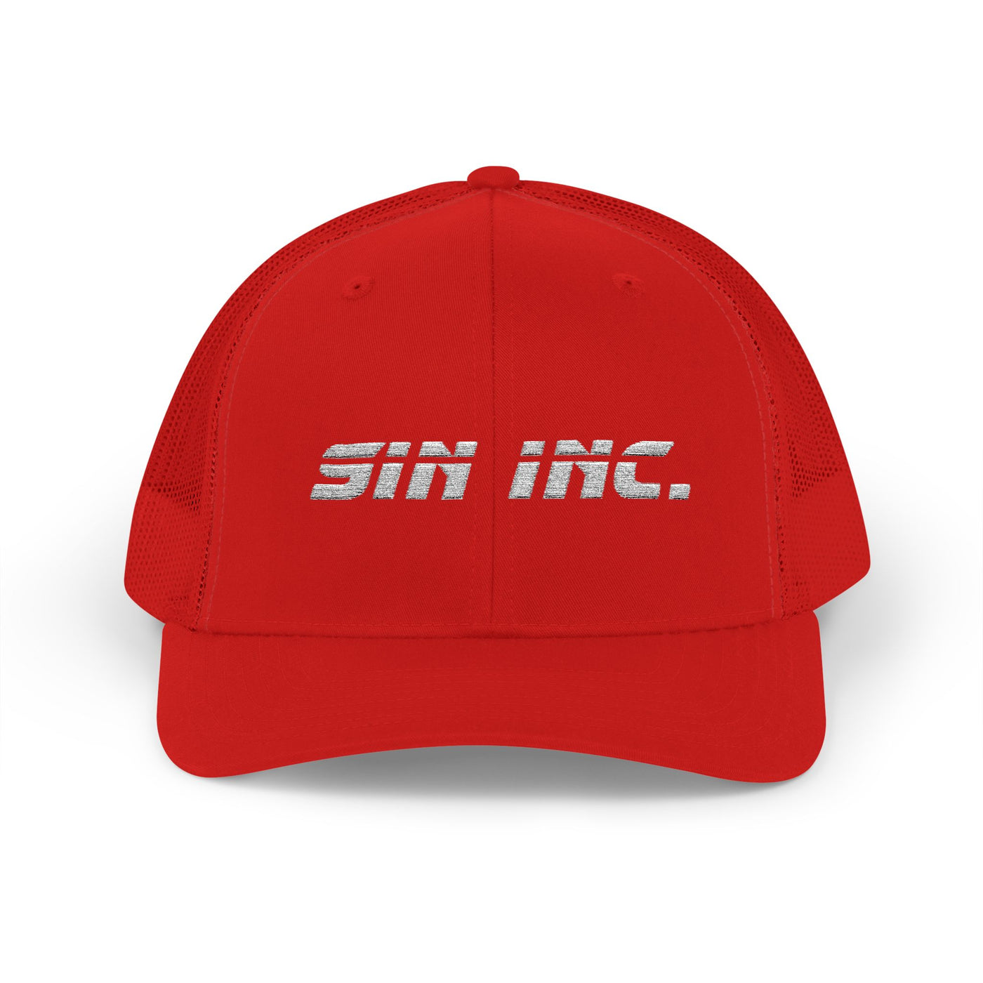 Red cap with 'Sin Inc.' text on a white background
