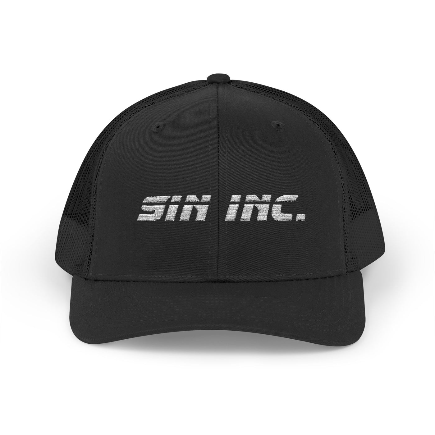 Black cap with 'Sin Inc.' logo on a white background