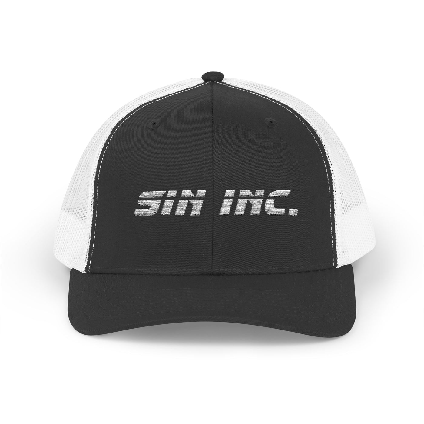 Black and white cap with 'Sin Inc.' logo on a white background