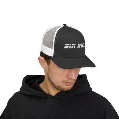 Man wearing a black and white cap with 'Sin Inc' logo on a white background